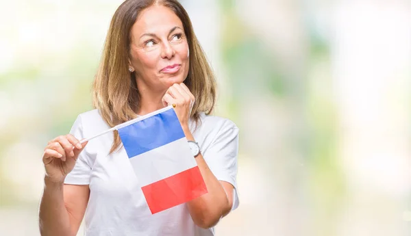 Mujer Hispana Mediana Edad Sosteniendo Bandera Francia Sobre Fondo Aislado — Foto de Stock