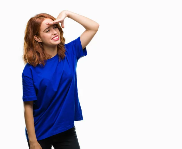 Jovem Mulher Bonita Sobre Fundo Isolado Muito Feliz Sorrindo Olhando — Fotografia de Stock