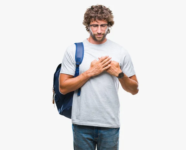 Przystojny Student Hiszpanin Człowiek Sobie Plecak Okulary Białym Tle Uśmiechający — Zdjęcie stockowe