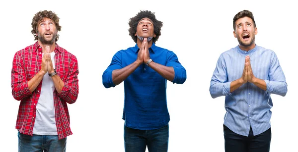 懇願するような非常に感情的なおよび心配の顔希望表現とともに手で祈って分離の背景の上のアフリカ系アメリカ人 ヒスパニックの男性のグループのコラージュ 赦しを乞います 宗教概念 — ストック写真