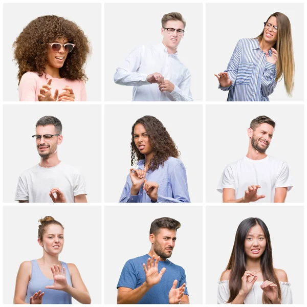Collage of group of young people woman and men over white solated background disgusted expression, displeased and fearful doing disgust face because aversion reaction. With hands raised. Annoying concept.