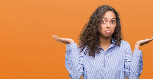 Young Hispanic Business Woman Clueless Confused Expression Arms Hands Raised — Stock Photo, Image