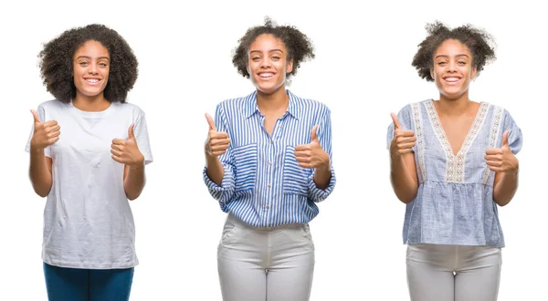 Collage Afroamerikanska Kvinnan Över Isolerade Bakgrund Framgång Tecken Gör Positiv — Stockfoto