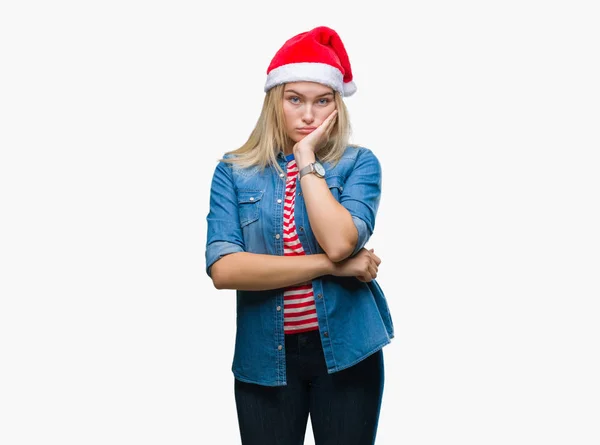 Mujer Caucásica Joven Con Sombrero Navidad Sobre Fondo Aislado Pensando —  Fotos de Stock