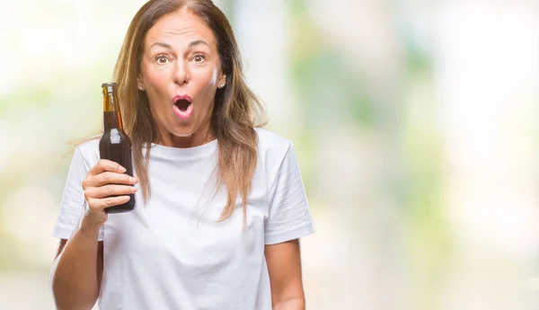 Middle Age Hispanic Woman Drinking Beer Isolated Background Scared Shock — Stock Photo, Image