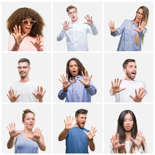 Collage Group Young People Woman Men White Solated Background Afraid — Stock Photo, Image