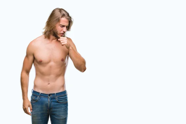 Jonge Knappe Shirtless Man Met Lang Haar Sexy Lichaam Tonen — Stockfoto