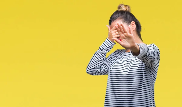 Young Beautiful Woman Casual Stripes Sweater Isolated Background Covering Eyes — Stock Photo, Image