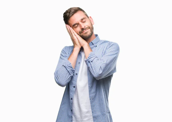 Jovem Homem Bonito Vestindo Camiseta Branca Sobre Fundo Isolado Dormindo — Fotografia de Stock