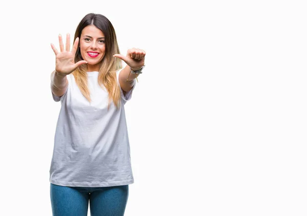Ung Vacker Kvinna Casual Vit Shirt Över Isolerade Bakgrund Visar — Stockfoto