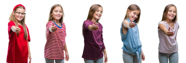Колаж Молодої Красивої Маленької Дівчинки Ізольованому Фоні Усміхнений Дружній Пропонує — стокове фото