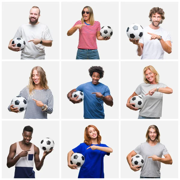 Kolaż Grupy Młodych Starszych Ludzi Trzymając Piłki Nożnej Białym Tle — Zdjęcie stockowe