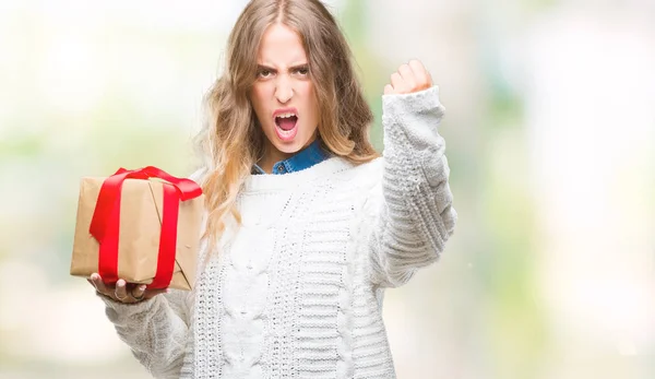 Beautiful Young Blonde Woman Holding Gift Isolated Background Annoyed Frustrated — Stock Photo, Image