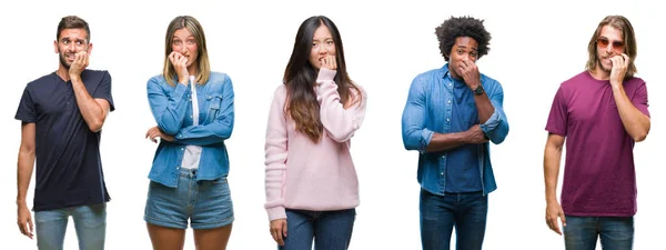 组成的非洲裔美国人 西班牙和中国组的人在孤立的白色背景看起来紧张和紧张与手在嘴咬指甲 焦虑问题 — 图库照片