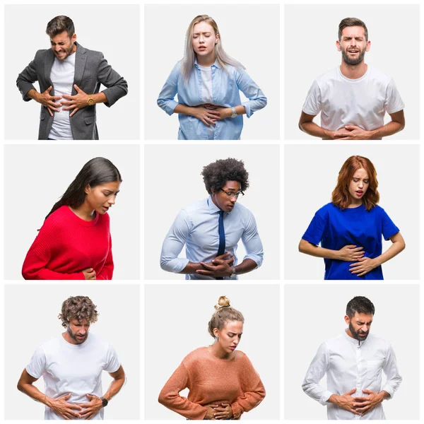 Collage Group Young People Woman Men Isolated Background Hand Stomach — Stock Photo, Image