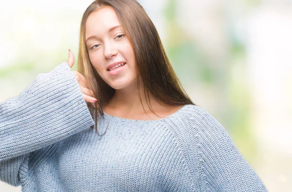Junge Schöne Kaukasische Frau Winterpullover Über Isoliertem Hintergrund Lächelnd Handygesten — Stockfoto