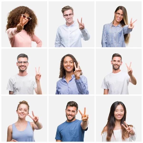 Kolaż Grupy Młodych Kobiet Mężczyzn Powyżej Biały Portret Tło Uśmiechający — Zdjęcie stockowe