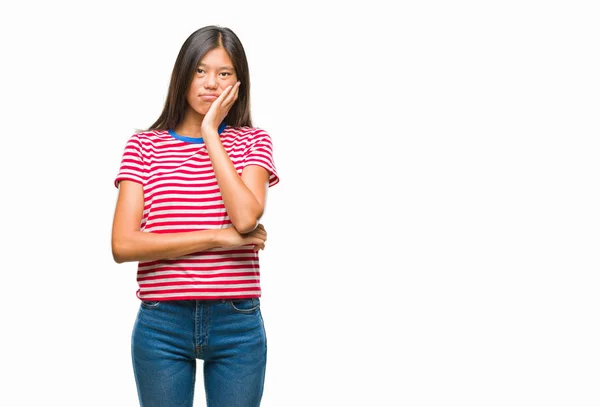 Jovem Mulher Asiática Sobre Fundo Isolado Pensando Parecendo Cansado Entediado — Fotografia de Stock