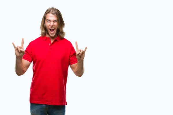 Young Handsome Man Long Hair Isolated Background Shouting Crazy Expression — Stock Photo, Image