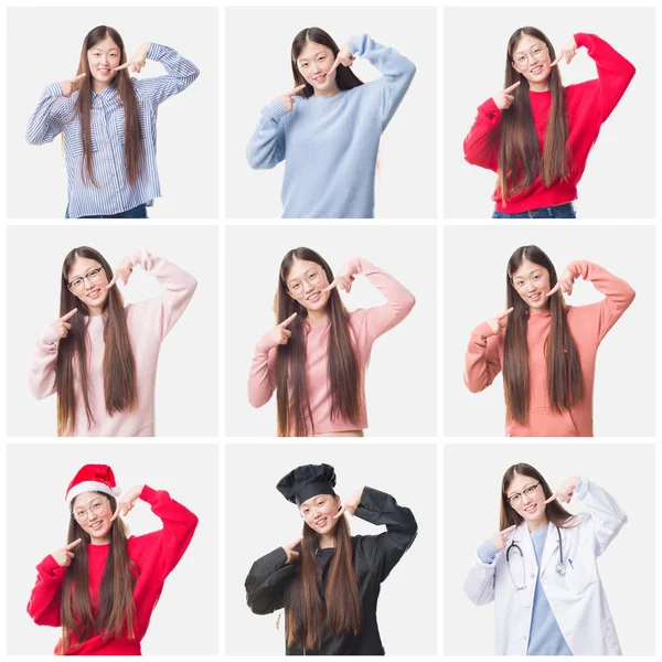 Collage of young doctor, chef asian woman isolated background smiling confident showing and pointing with fingers teeth and mouth. Health concept.