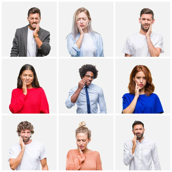 Collage Gruppo Giovani Donne Uomini Sfondo Isolato Toccare Bocca Con — Foto Stock