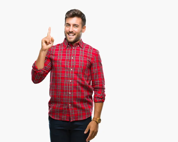 Jovem Homem Bonito Sobre Fundo Isolado Apontando Dedo Para Cima — Fotografia de Stock