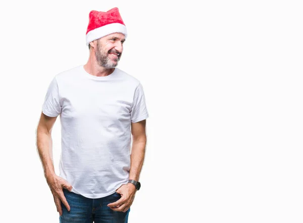 Hombre Mediana Edad Con Sombrero Navidad Sobre Fondo Aislado Mirando — Foto de Stock