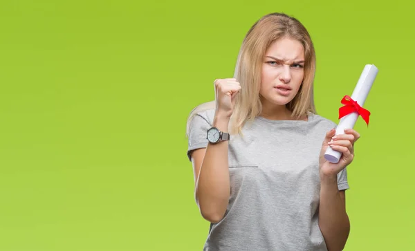 Jonge Kaukasische Vrouw Bedrijf Mate Geïsoleerd Background Boos Gefrustreerd Schreeuwen — Stockfoto