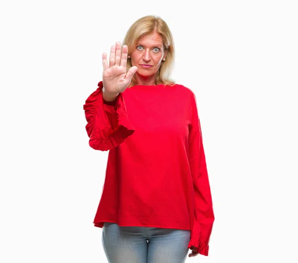 Blonde Frau Mittleren Alters Mit Isoliertem Hintergrund Die Aufhört Mit — Stockfoto