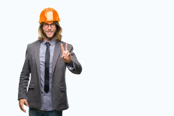 Joven Hombre Apuesto Arquitecto Con Pelo Largo Con Casco Seguridad — Foto de Stock