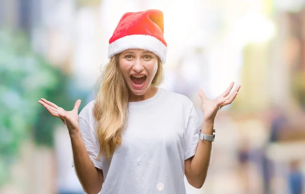 Giovane Bella Donna Bionda Indossa Cappello Natale Sfondo Isolato Celebrando — Foto Stock