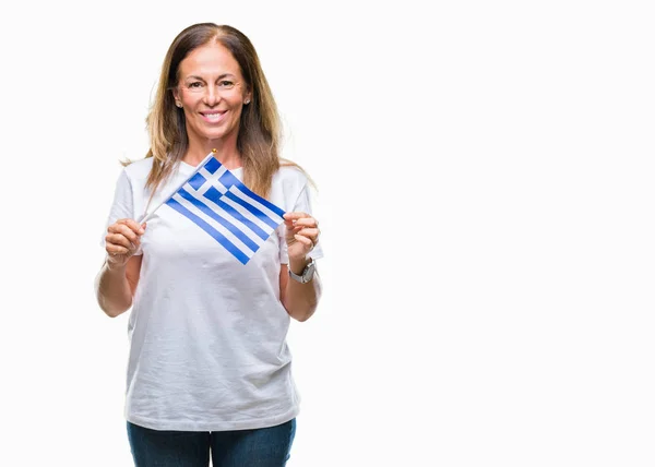 Mulher Hispânica Meia Idade Segurando Bandeira Grécia Sobre Fundo Isolado — Fotografia de Stock