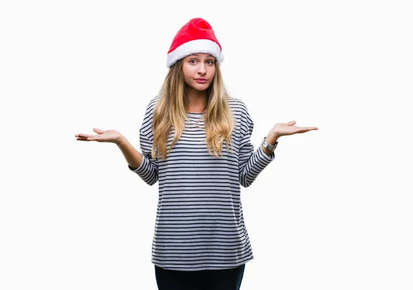 Jovem Mulher Loira Bonita Vestindo Chapéu Natal Sobre Fundo Isolado — Fotografia de Stock