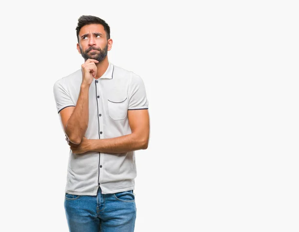 Adult Hispanic Man Isolated Background Hand Chin Thinking Question Pensive — Stock Photo, Image