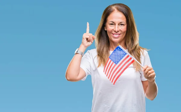 Middle age hispanic woman holding flag of United States of America over isolated background surprised with an idea or question pointing finger with happy face, number one