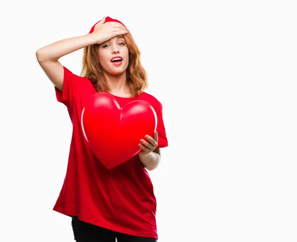 Jovem Mulher Bonita Segurando Coração Vermelho Amor Sobre Fundo Isolado — Fotografia de Stock