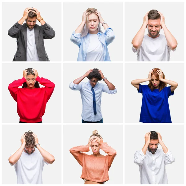 Collage Van Groep Jongeren Vrouw Mannen Geïsoleerde Achtergrond Lijden Hoofdpijn — Stockfoto