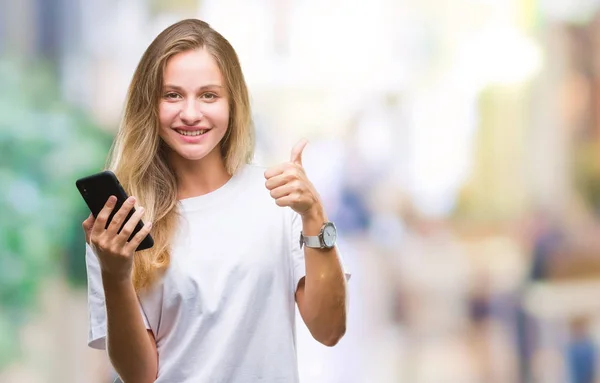 Jonge Mooie Blonde Vrouw Met Smartphone Geïsoleerde Achtergrond Blij Met — Stockfoto