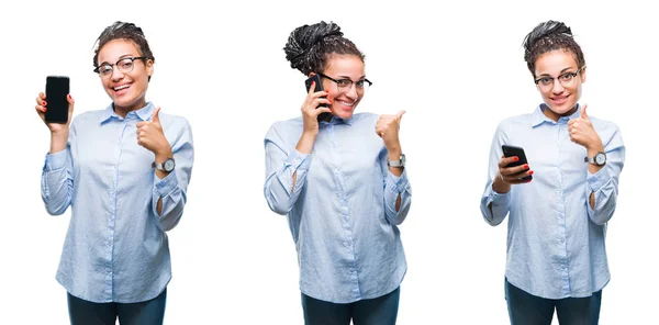 Kolaż Kobieta Piękne African American Business Pomocą Smartfona Białym Tle — Zdjęcie stockowe