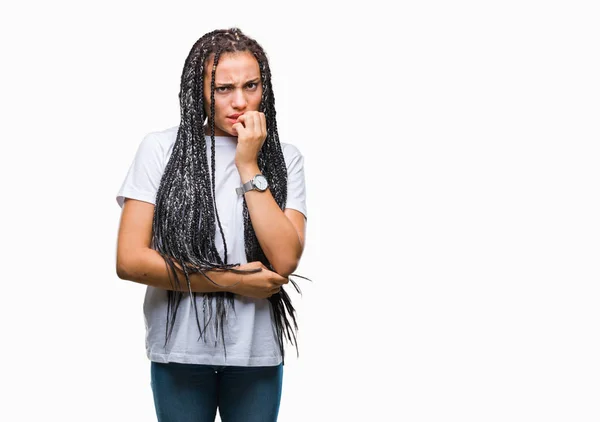 Jovem Trançado Cabelo Afro Americano Menina Sobre Fundo Isolado Olhando — Fotografia de Stock