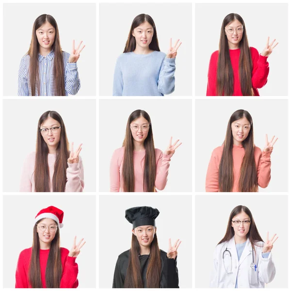年轻的医生拼贴画 厨师亚洲妇女查出的背景显示和指向与手指数字三同时微笑自信和快乐 — 图库照片