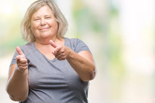 Senior Más Tamaño Mujer Caucásica Sobre Fondo Aislado Señalando Los — Foto de Stock