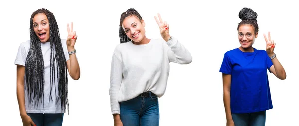 Collage Beautiful Braided Hair African American Woman Isolated Background Showing — Stock Photo, Image