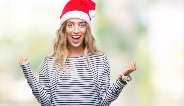 Hermosa Joven Rubia Con Sombrero Navidad Sobre Fondo Aislado Celebrando —  Fotos de Stock