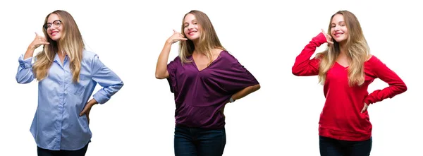 Colagem Jovem Bela Mulher Loira Sobre Fundo Isolado Sorrindo Fazendo — Fotografia de Stock