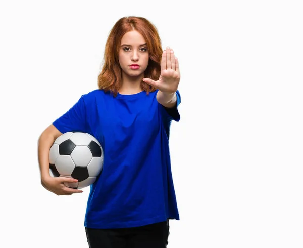 Genç Güzel Kadın Futbol Futbol Topu Tutan Izole Arka Plan — Stok fotoğraf