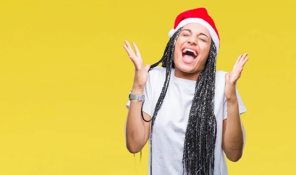 Jovem Trançado Cabelo Afro Americano Menina Vestindo Chapéu Natal Sobre — Fotografia de Stock