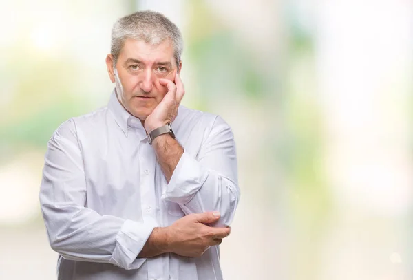 Starší Muž Nad Izolované Pozadí Myšlení Pohledu Unavený Znuděný Depresi — Stock fotografie