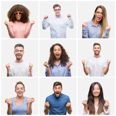 Kolaj bir grup genç insanlar kadın ve erkek üzerinde arka plan beyaz solated kutluyor şaşırttı ve başarı için kaldırdı kollarını açarak hayret ve gözleri açık. Kazanan kavramı.