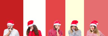 Collage of group of young people wearing chrismast hat over isolated background thinking looking tired and bored with depression problems with crossed arms. clipart